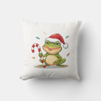 Cute Christmas Frog With Candy Cane - Funny Holida Throw Pillow