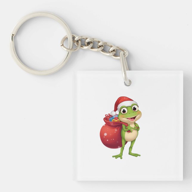 Cute Christmas Frog with Gift Bag - Santa Frog Hol Keychain (Front)