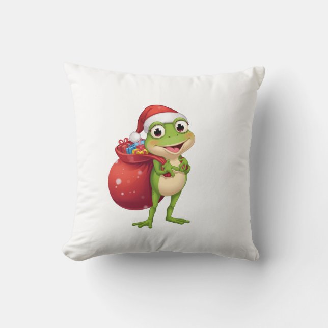 Cute Christmas Frog with Gift Bag - Santa Frog Hol Throw Pillow (Front)