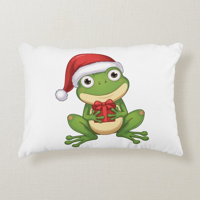 Cute Christmas Frog with Santa Hat and Gift |  Fun Accent Pillow (Front)