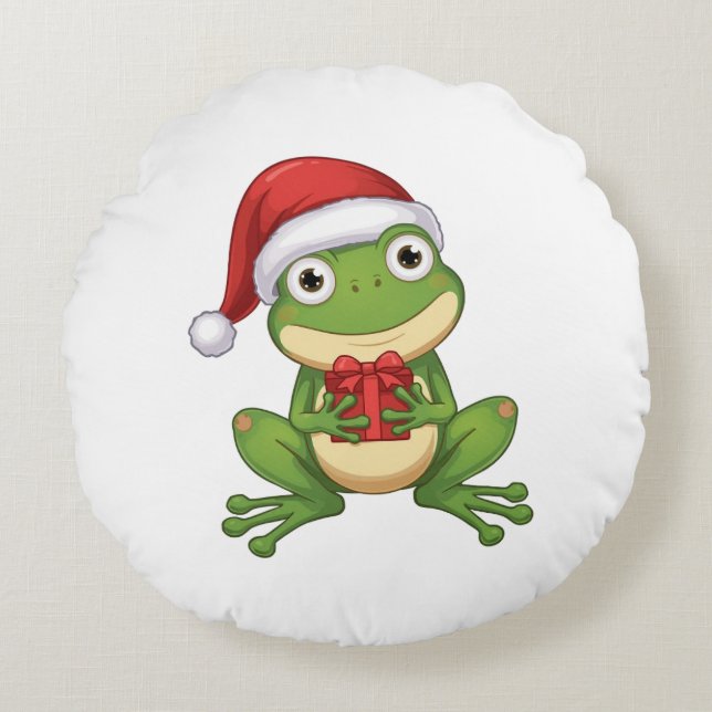 Cute Christmas Frog with Santa Hat and Gift |  Fun Round Pillow (Front)