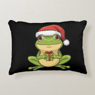 Cute Christmas Frog with Santa Hat Holding Gift - Accent Pillow