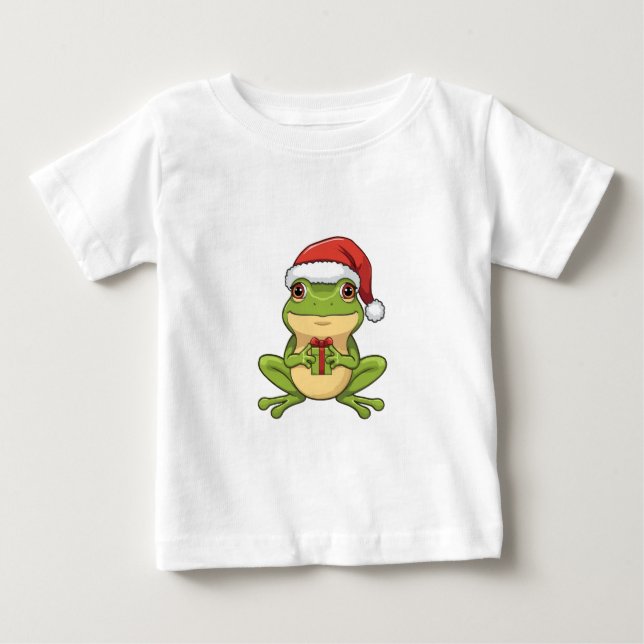 Cute Christmas Frog with Santa Hat Holding  Gift - Baby T-Shirt (Front)