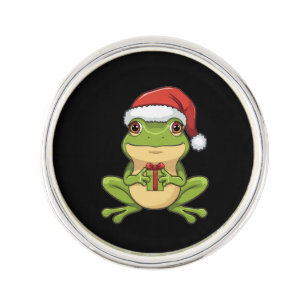 Cute Christmas Frog with Santa Hat Holding Gift - Lapel Pin