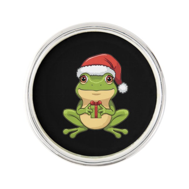 Cute Christmas Frog with Santa Hat Holding  Gift - Lapel Pin (Front)