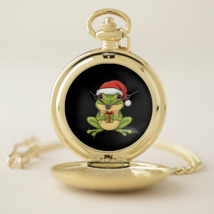 Cute Christmas Frog with Santa Hat Holding Gift - Pocket Watch