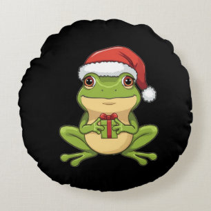 Cute Christmas Frog with Santa Hat Holding Gift - Round Pillow