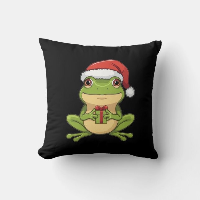 Cute Christmas Frog with Santa Hat Holding  Gift - Throw Pillow (Front)