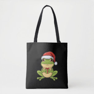 Cute Christmas Frog with Santa Hat Holding Gift - Tote Bag