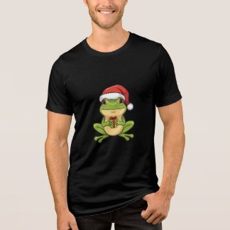 Cute Christmas Frog with Santa Hat Holding Gift - Tri-Blend Shirt