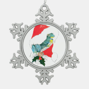 Cute Christmas Frog with Santa Hat Whimsical Snowflake Pewter Christmas Ornament