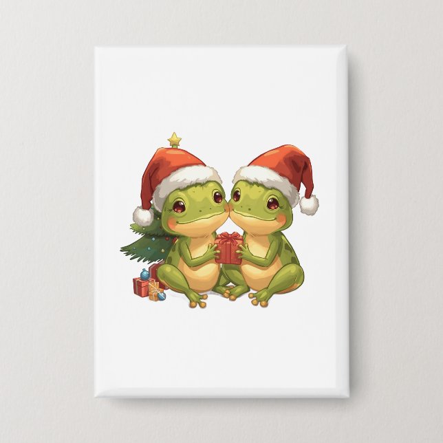 Cute Christmas Frogs Holding Gifts  Adorable Holid Button (Front)