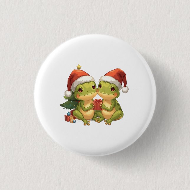 Cute Christmas Frogs Holding Gifts  Adorable Holid Button (Front)