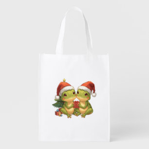 Cute Christmas Frogs Holding Gifts  Adorable Holid Grocery Bag