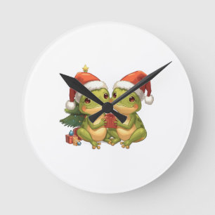Cute Christmas Frogs Holding Gifts Adorable Holid Round Clock
