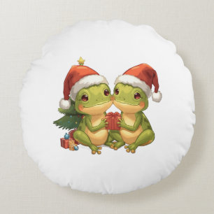 Cute Christmas Frogs Holding Gifts Adorable Holid Round Pillow