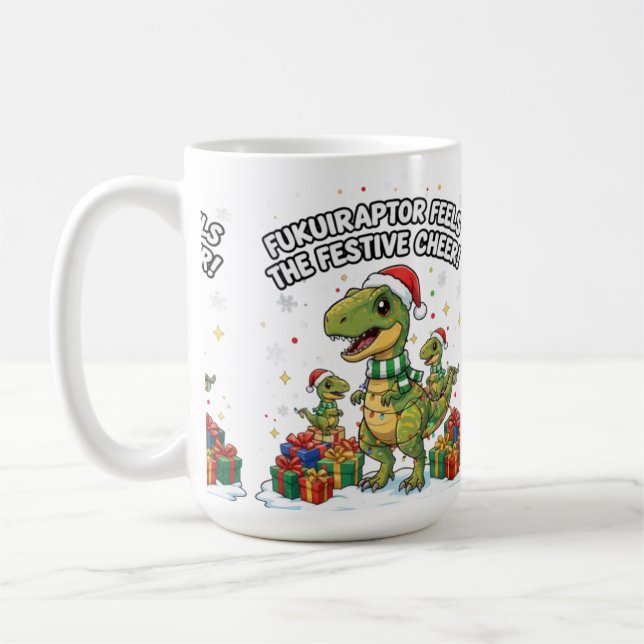 Cute Christmas Fukuiraptor Family – Festive Dino C Coffee Mug (Left)