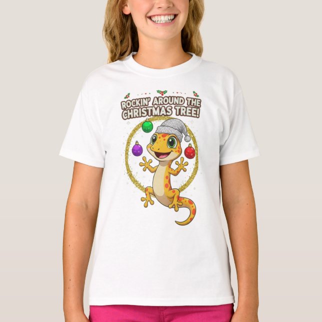 Cute Christmas Gecko – Rockin’ Around the Tree Hol T-Shirt (Front)