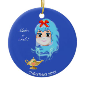 Cute Christmas Genie & Magic Lamp on Blue Ceramic Ornament