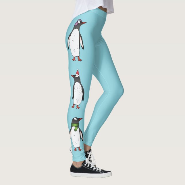 Cute Christmas Gentoo Penguins On Blue Leggings (Right)