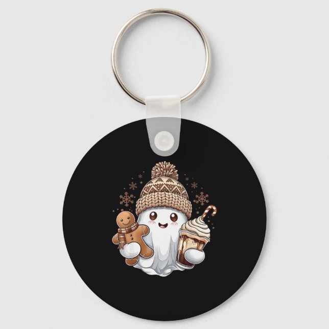 Cute Christmas Ghost Coffee Gingerbread Boojee Xma Keychain (Front)