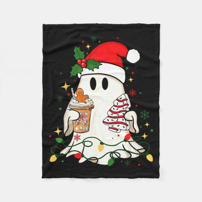 Cute Christmas Ghost Coffee Tree Cake Xmas Lights  Fleece Blanket (Front)
