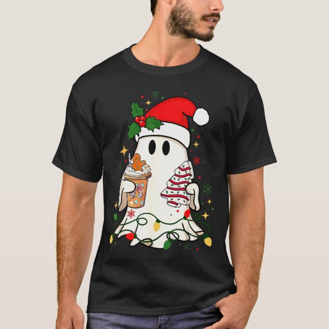 Cute Christmas Ghost Coffee Tree Cake Xmas Lights  T-Shirt (Front)