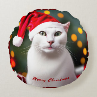 Cute Christmas Gift White Cat wearing Santa Hat Round Pillow