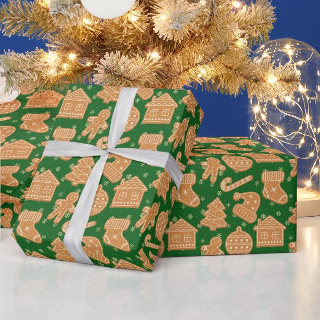 Cute Christmas Gingerbread Cookies Green Wrapping Paper (Holidays)