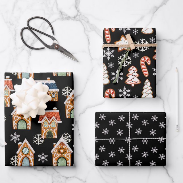 Cute Christmas Gingerbread Cookies Snowflakes Wrapping Paper Sheets (Front)