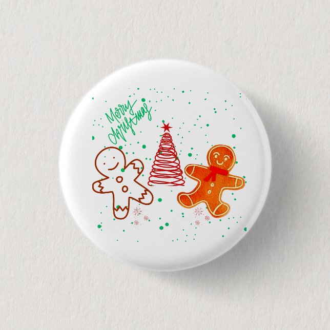 Cute Christmas Gingerbread Man and Tree Pattern.  Button (Front)