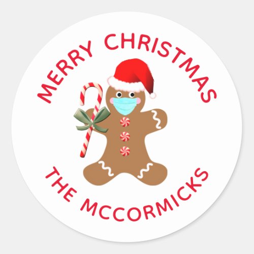 Cute Christmas Gingerbread Man Family Name Classic Round Sticker