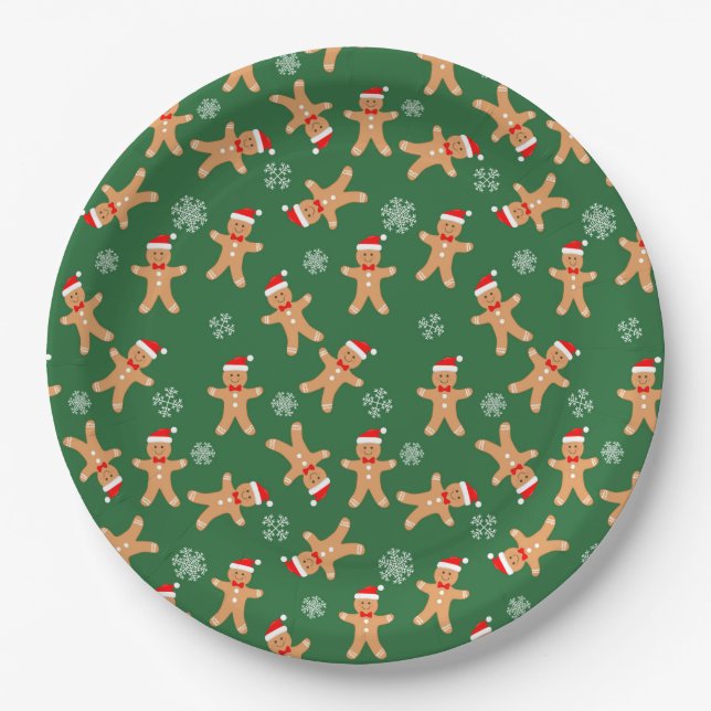 Cute Christmas Gingerbread Men on Green  Paper Plates (Front)