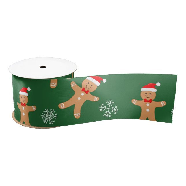Cute Christmas Gingerbread Men on Green Satin Ribbon (Spool)