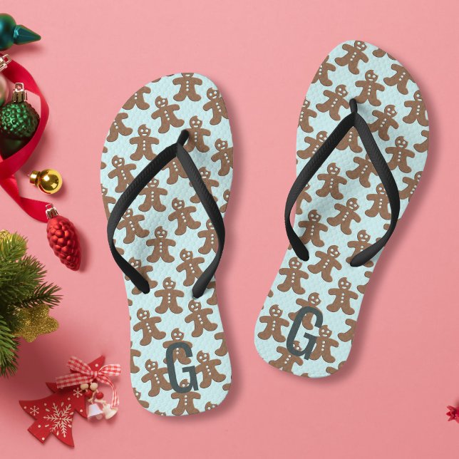 Cute Christmas Gingerbread Men Pattern Blue Flip Flops (Creator Uploaded)