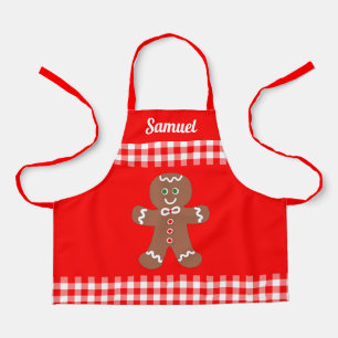 Cute Christmas Gingerbread Red Gingham Add Name Apron