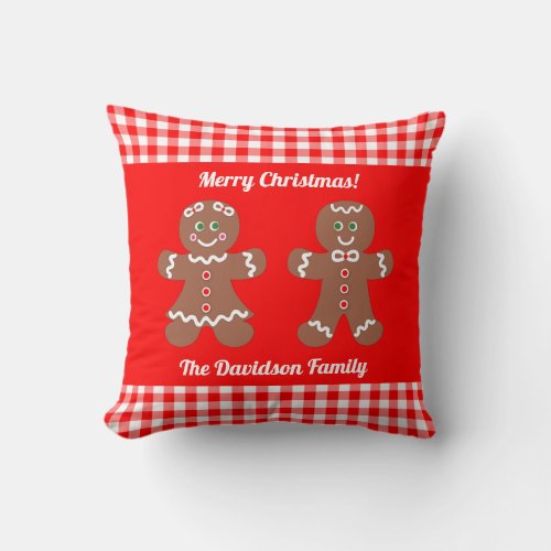 Cute Christmas Gingerbread Red Gingham Monogram Throw Pillow