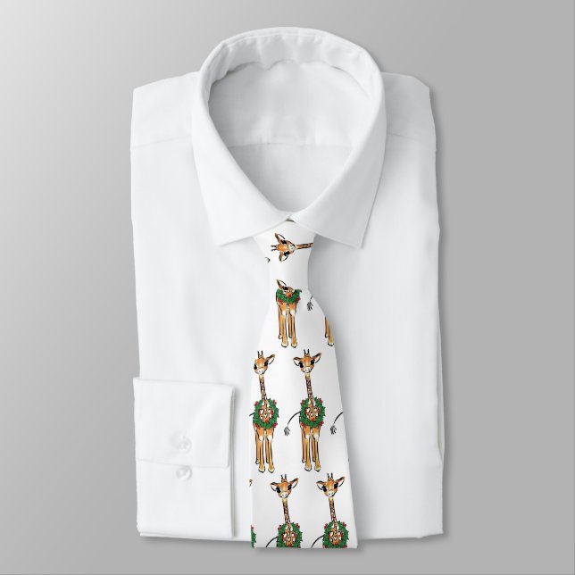 Cute Christmas Giraffe holly red green wreath Neck Tie (Tied)