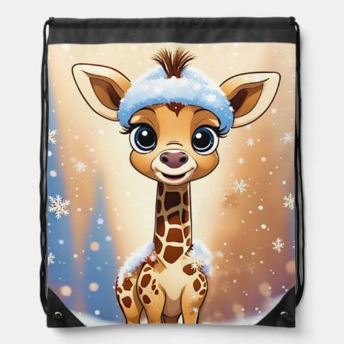 Cute Christmas Giraffe in Beanie Hat MY OWN ART  Drawstring Bag