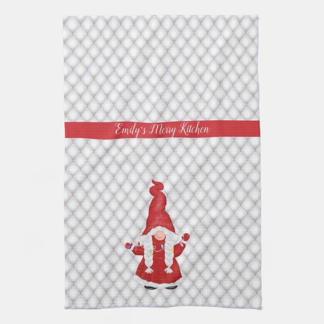 Cute Christmas Girl Gnome Personalized  Kitchen Towel (Vertical)