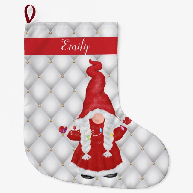 Cute Christmas Girl Gnome Personalized Large Christmas Stocking (Front)