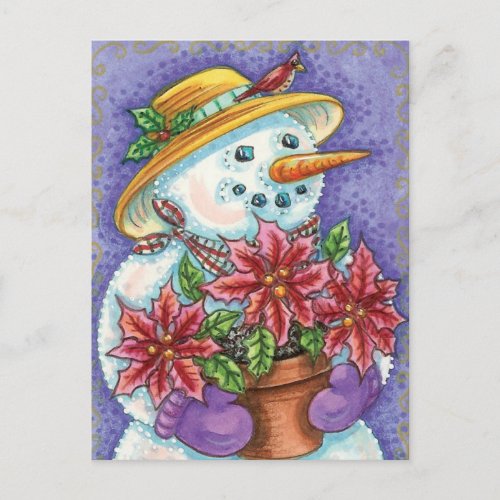 Cute Christmas Girl Snowman with Poinsettia Holiday Postcard