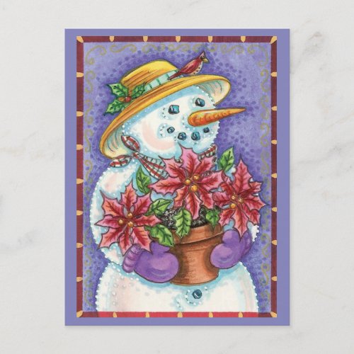 Cute Christmas Girl Snowman with Poinsettia Holiday Postcard