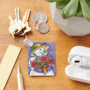 Cute Christmas Girl Snowman with Poinsettia Keychain