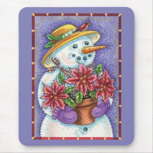 Cute Christmas Girl Snowman with Poinsettia Mouse Pad