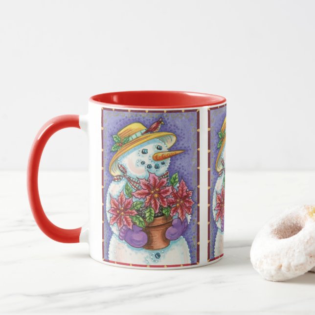 Cute Christmas Girl Snowman with Poinsettia Mug (With Donut)