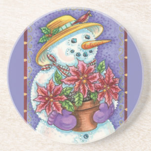 Cute Christmas Girl Snowman with Poinsettia Sandstone Coaster