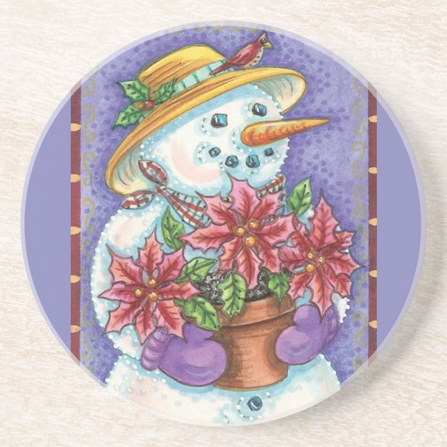 Cute Christmas Girl Snowman with Poinsettia Sandstone Coaster (Front)