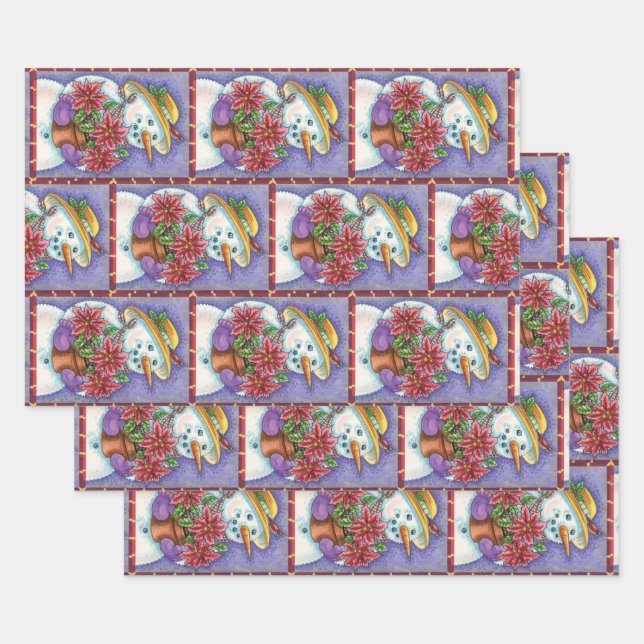 Cute Christmas Girl Snowman with Poinsettia Wrapping Paper Sheets (Set)