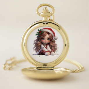Cute Christmas Girl with Santa Hat Art Pocket Watch